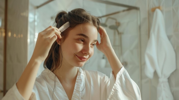 A beautiful young lady combs her long thick hair with a comb while standing near a mirror in the bathroom A happy woman in a white silk robe looks to her reflection and smiles