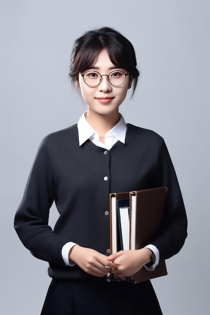 Красивая молодая леди-учительница держит книги с короткими волосами, чисто белый фон, фотография