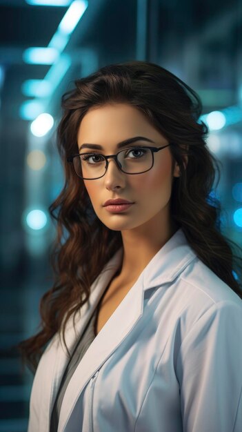 Beautiful young latina woman scientist in white coat