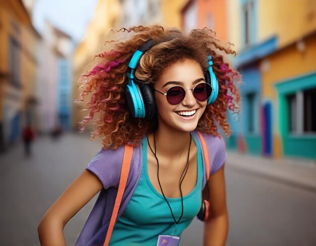 beautiful young laughing woman listening music