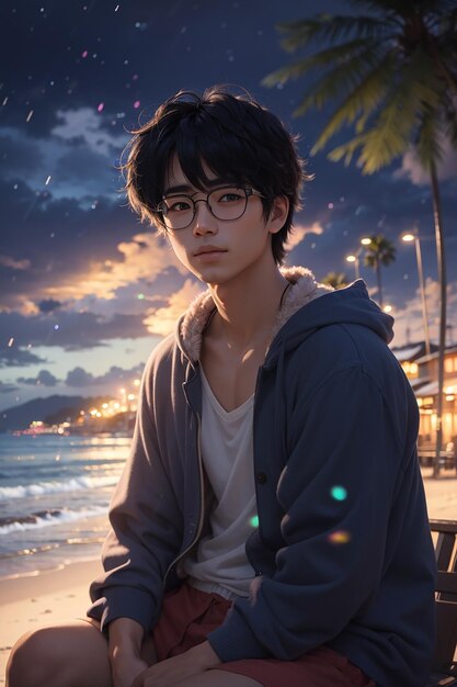 A beautiful young man black hair wear glasses breakup sitting inside beach night time rainy season