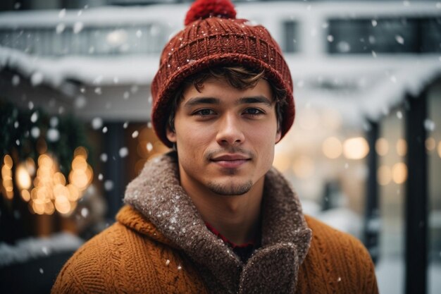 Красивый молодой человек в зимней шляпе и свитере на Рождество современный офисный фон зимний сезон
