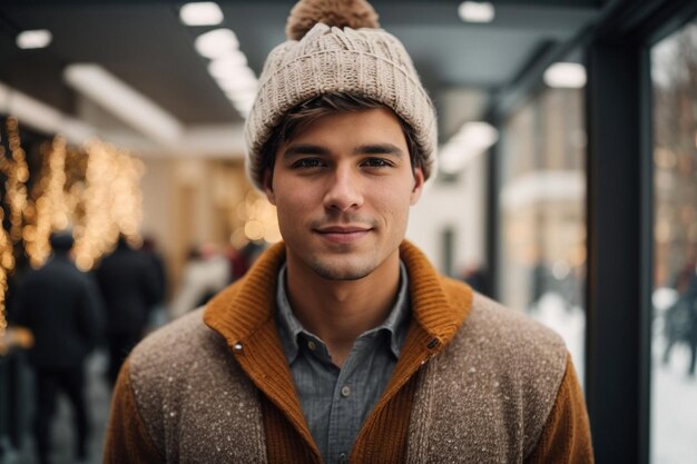 Beautiful young man in winter hat and sweater over Christmas modern office background winter season