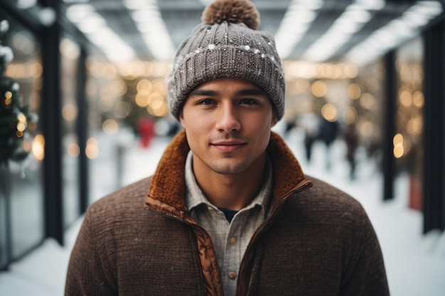 Beautiful young man in winter hat and sweater over Christmas modern office background winter season