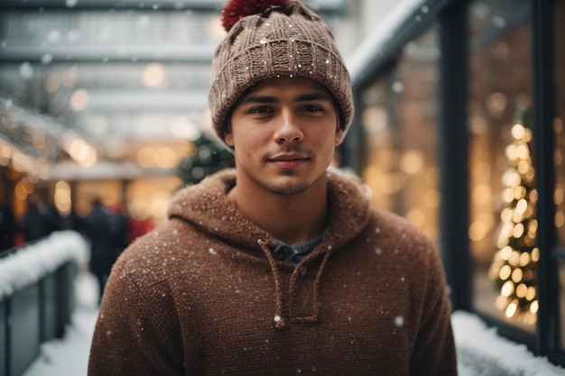 Beautiful young man in winter hat and sweater over Christmas modern office background winter season