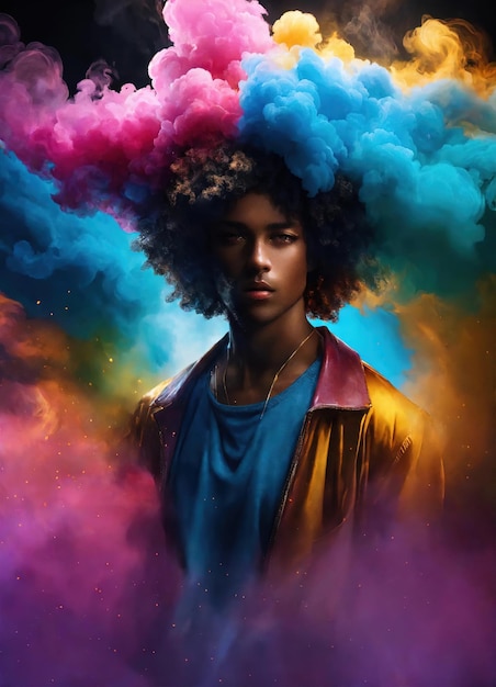 Beautiful young man with colorfull hair in colorful smoke ai generative