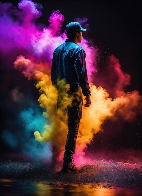 Beautiful young man with colorfull hair in colorful smoke ai generative