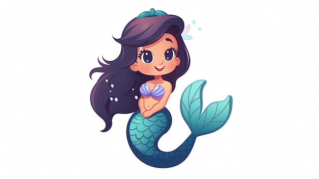 A beautiful young mermaid with long flowing hair and a sparkling tail She is smiling and has her hands clasped in front of her