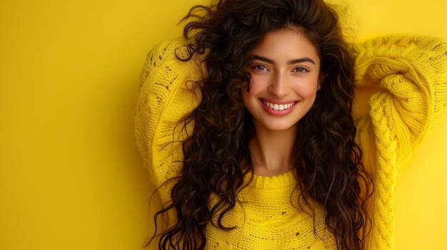 Beautiful young middle eastern woman with toothy smile wearing yellow sweater