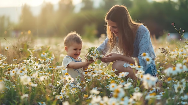 Beautiful young mother and her cute little son are having fun in the chamomile field They are picking flowers and enjoying the nature