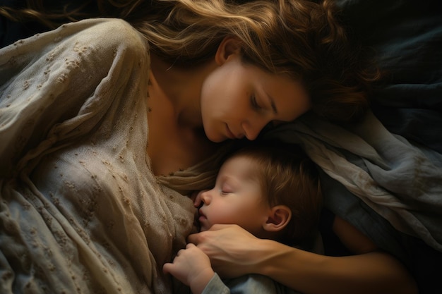 Beautiful young mother and her cute little son sleeping together in bed A mother with her baby son laying in the bed AI Generated