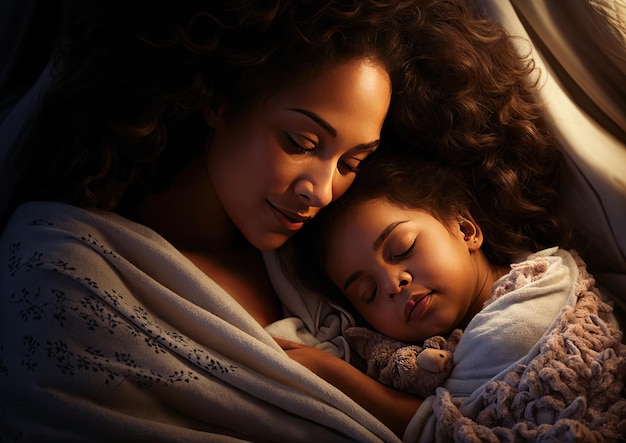 Beautiful young mother and her little daughter sleeping together in bed at home