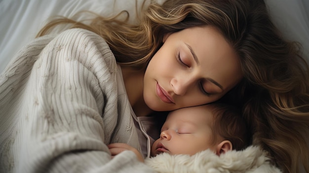 A beautiful young mother hugs a sleeping baby