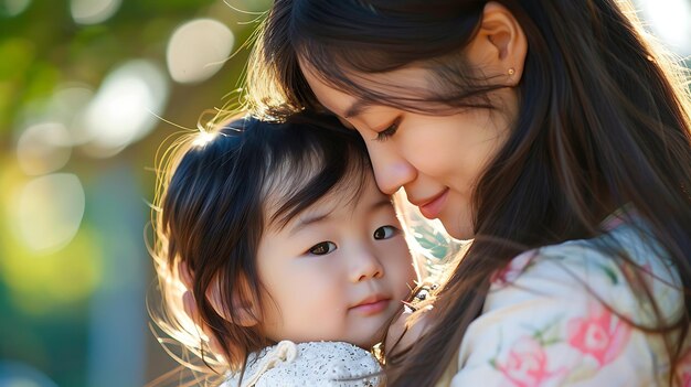 美しい若い母親が幼い娘を抱きしめている 母親は娘に笑顔を浮かべて 眼に愛を映している