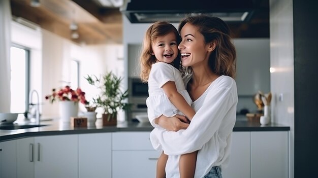 Красивая молодая мать с милой маленькой дочкой на кухне