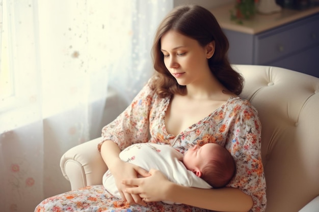 Beautiful young mother with her newborn baby in armchair at home Generative AI