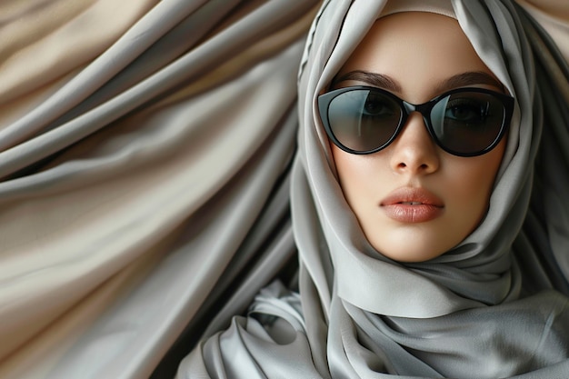 Прекрасная молодая мусульманская девушка в хиджабе и стильных солнцезащитных очках