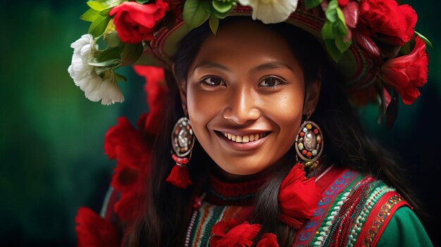 Beautiful young Peruvian woman in festive national clothes smiling Selective focus AI generated