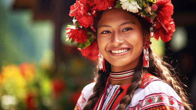 Beautiful young Peruvian woman in festive national clothes smiling Selective focus AI generated