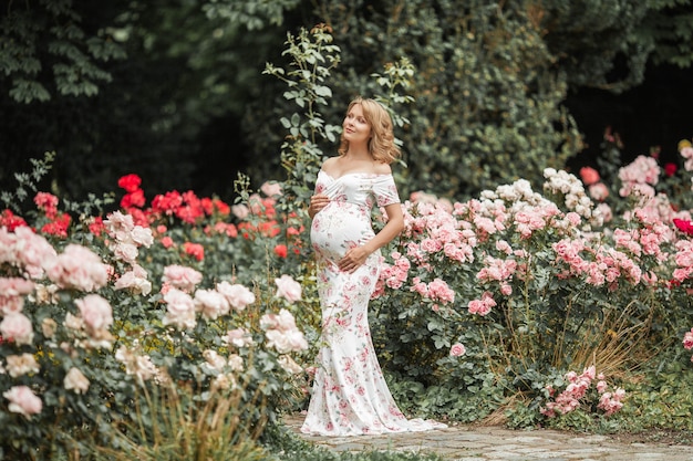 A beautiful young pregnant woman is walking in a rose garden. Portrait of a pregnant woman in a dress. Summer.