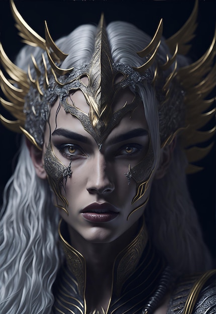 Beautiful young royal dragon queen with long platinum blonde windblown hair and dragon scale wings