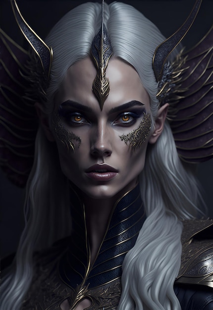 Beautiful young royal dragon queen with long platinum blonde windblown hair and dragon scale wings