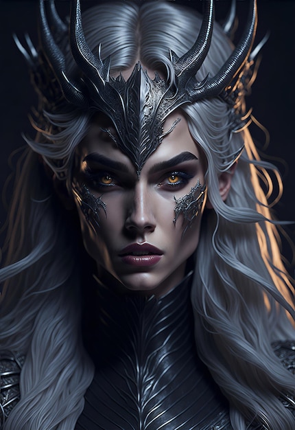 Beautiful young royal dragon queen with long platinum blonde windblown hair and dragon scale wings