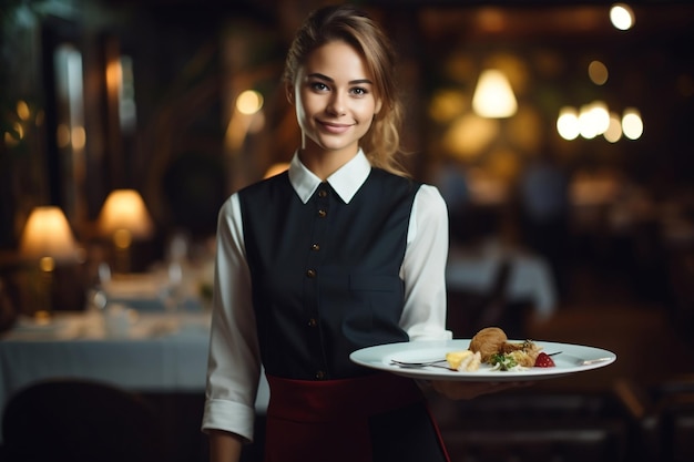 A beautiful young server smiling waitress in a restaurant Generative Ai