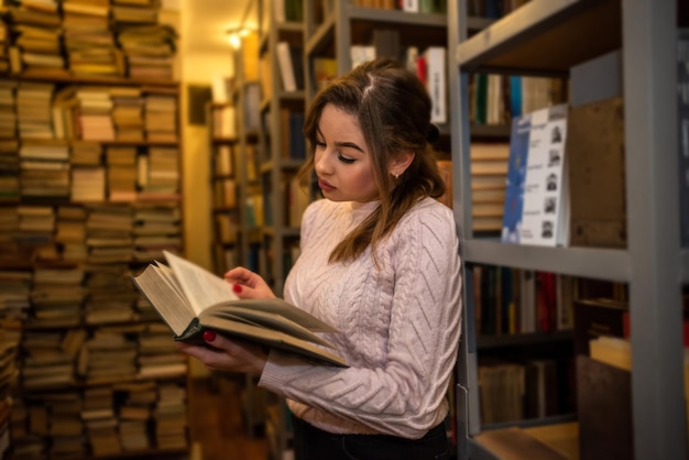 Beautiful young smart girl came to the library to read books