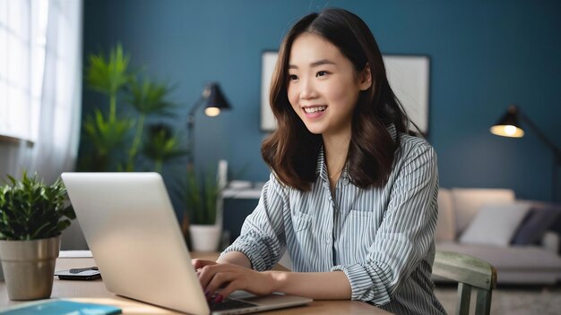 美しい若い笑顔のアジア人女性が自宅のリビングの机の上でラップトップで働いています