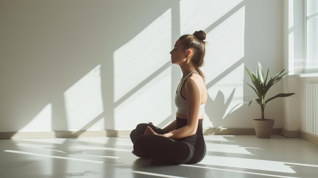 Beautiful young sporty woman practicing exercise yoga in her cozy living room home mood lifestyle