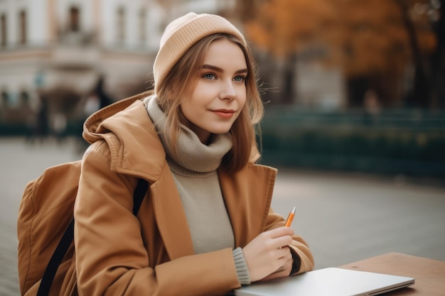 Beautiful young student girl with backpack outdoors in college campus generative ai