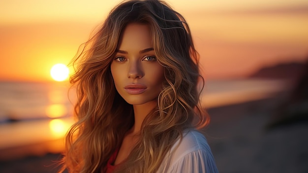 Beautiful young stylish woman at sunset at the beach