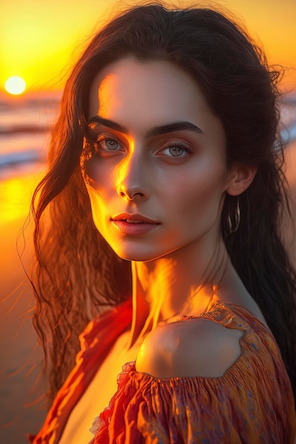 背景の夏の夕日とビーチで美しい若いスーパー モデル AIGenerated