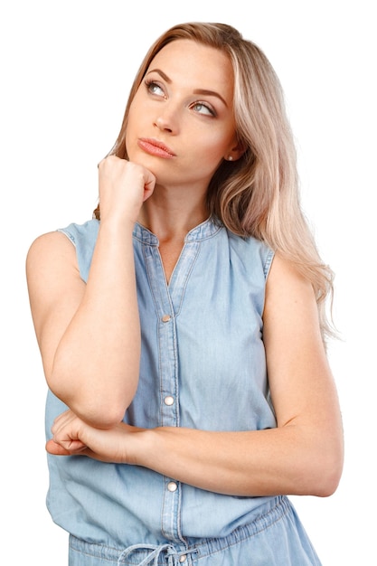 Beautiful young thinking thoughtful woman posing isolated on white