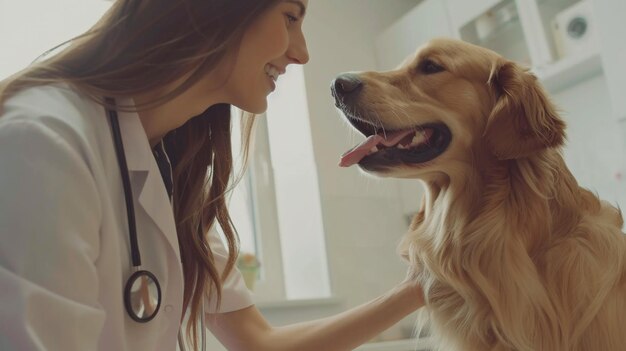 Beautiful young veterinarian is examining golden retriever dog in clinic