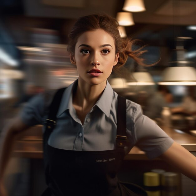 Photo a beautiful young waitress serving in motion on duty in restaurant