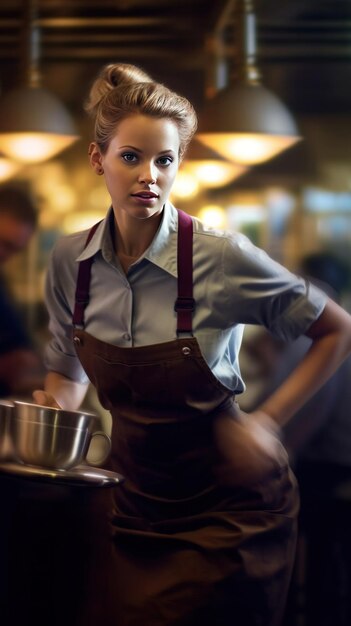 Photo a beautiful young waitress serving in motion on duty in restaurant