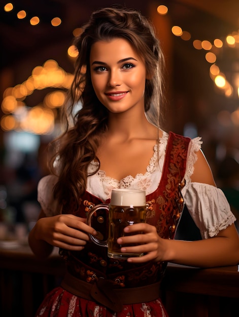 Beautiful young waitress with a mug of beer at Oktoberfest