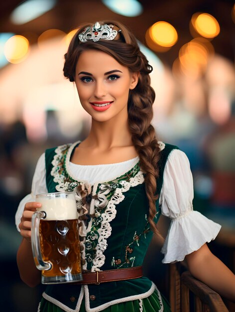 Beautiful young waitress with a mug of beer at Oktoberfest