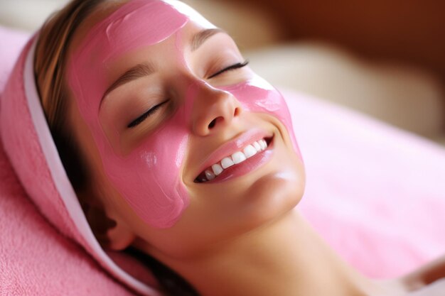 Beautiful young white woman with pink mask on face lying on cosmetology couch pink background