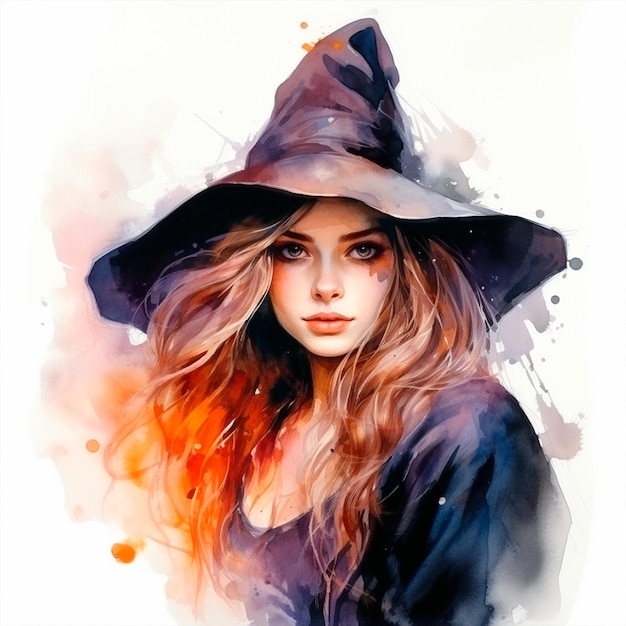 a beautiful young witch watercolor style