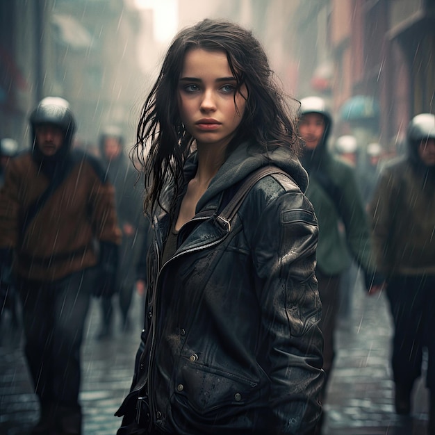 Beautiful young with leather jacket in a rainy environment ai generated