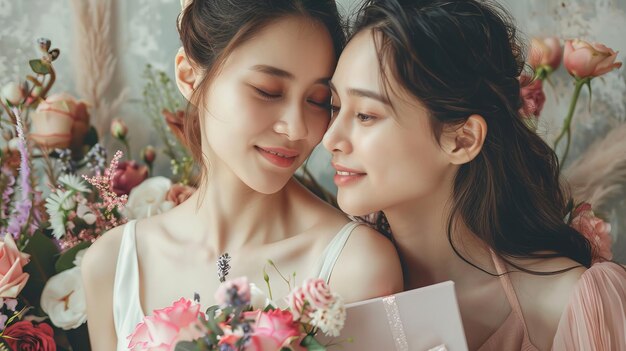 写真 美しい若い女性と彼女の母親が花とギフトボックスを持って家にいます