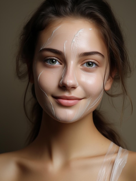 Красивая молодая женщина наносит крем для лица свежей косметикой для красоты здоровой кожи и уходом за лицом