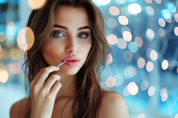 Beautiful young woman applying lipstick on bokeh background