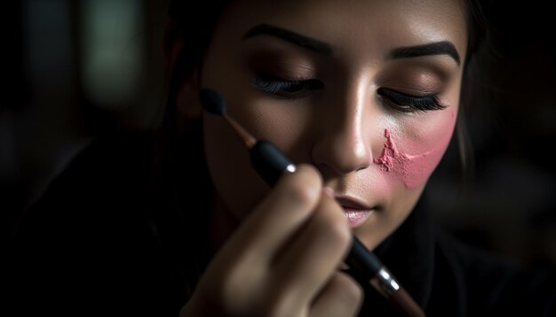 A beautiful young woman applying makeup with elegance and sensuality generated by artificial intelligence