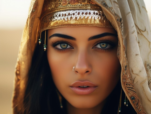 Photo beautiful young woman arabian make up bedduin desert background