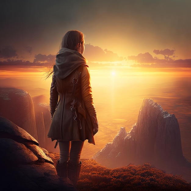 A beautiful young woman arrives at the top of the mountain at sun rise generative AI