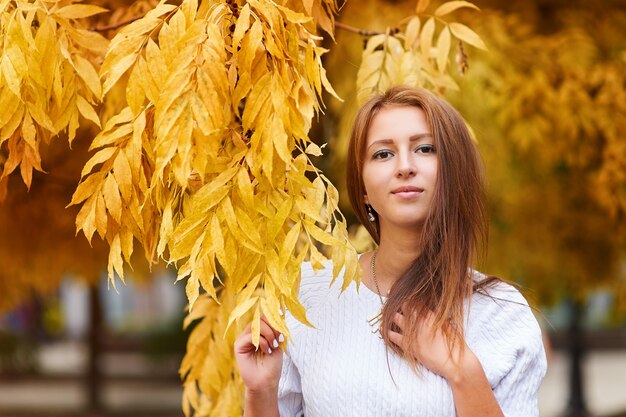 Beautiful young woman in autumn park with yellow leaves.